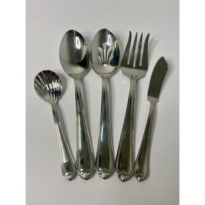 Lenox 18/10 Stainless Steel Bead 5 Piece Hostess Serving Set Spoons Meat Fork +
